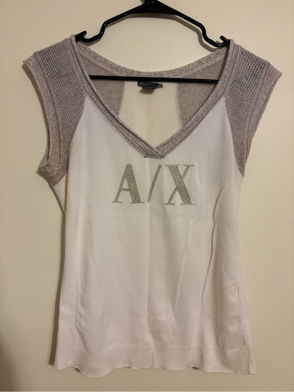 Armani Exchange White Tank with Light Taupe Trim and Logo